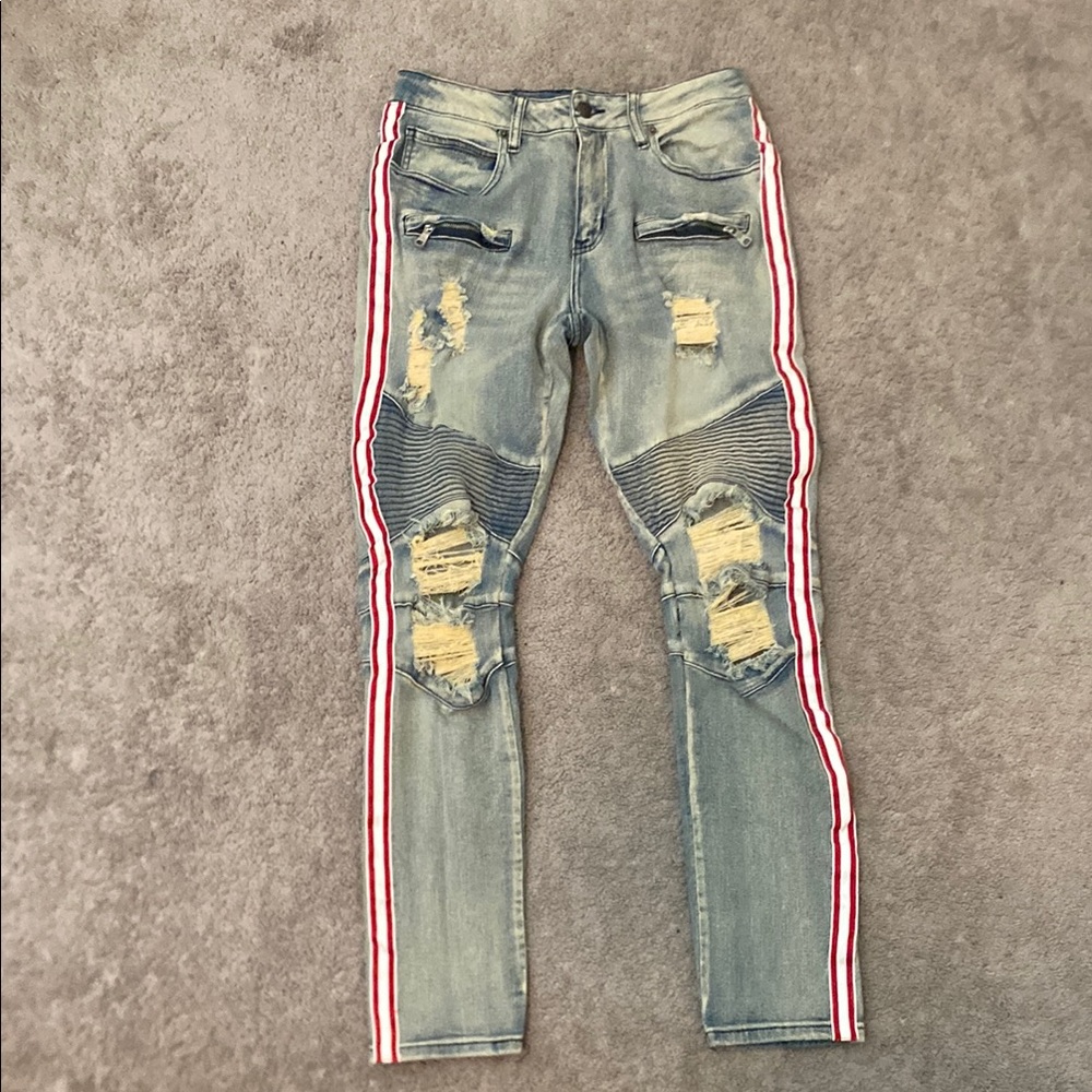 Red and Blue Skinny Jeans with Distressed Details